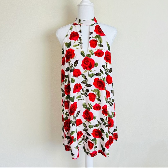 Forever 21 White Roses Keyhole Cutout Shift Mini Dress - Picture 1 of 8
